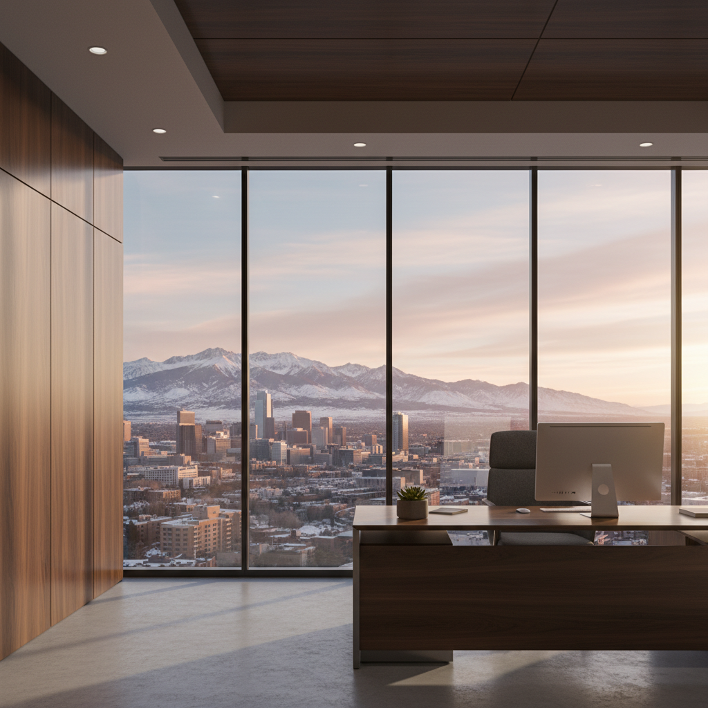 Professional Colorado office with Denver skyline and mountain views