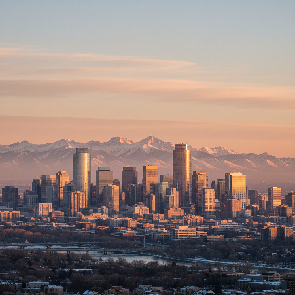 Denver skyline at sunset with Rocky Mountains, representing Colorado business presence